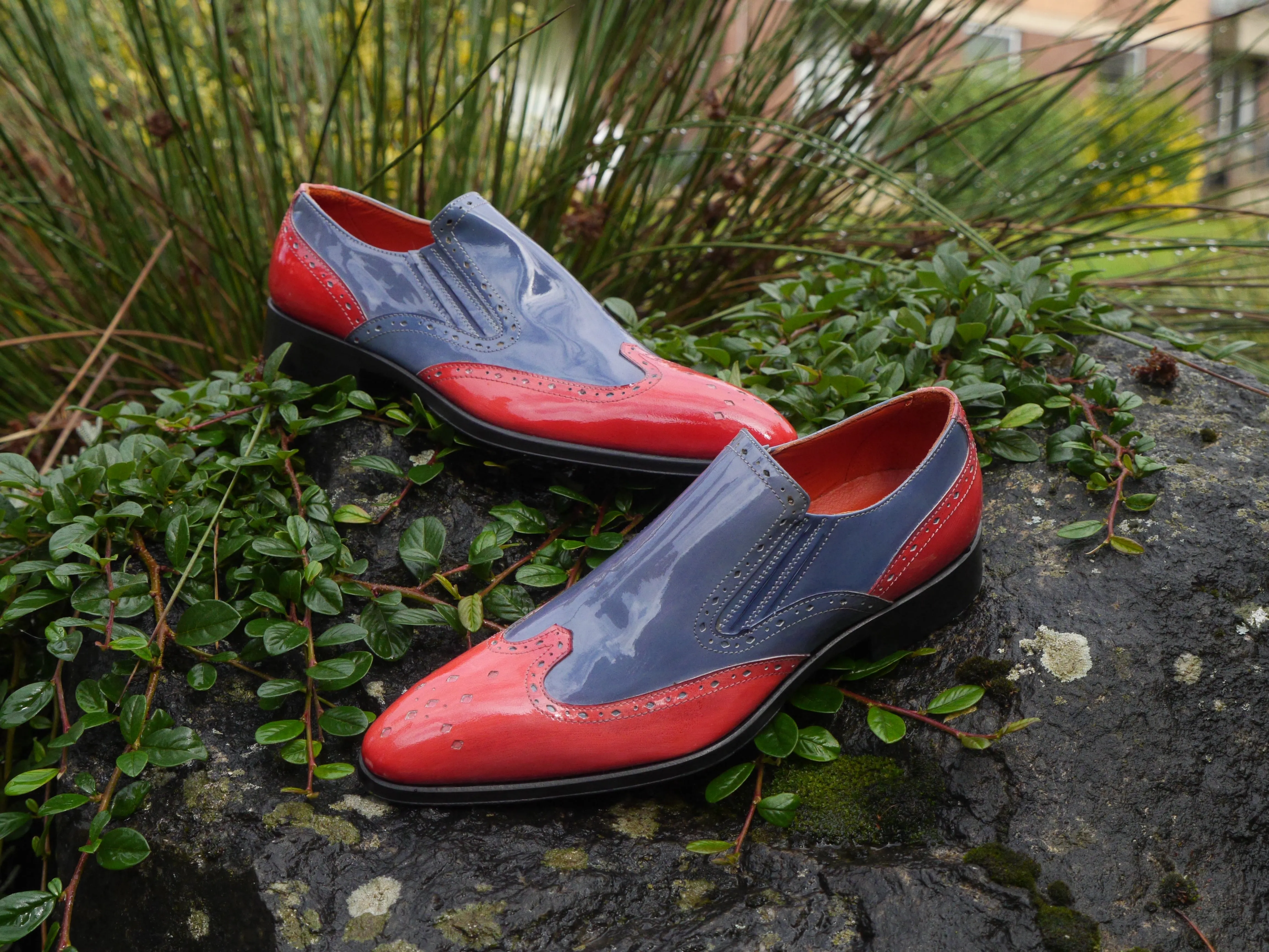 1350 - Salmon And Blue Patent Slip On Brogue