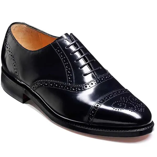 BARKER Alfred Shoes - Mens Semi Brogue Oxford - Black Hi-Shine