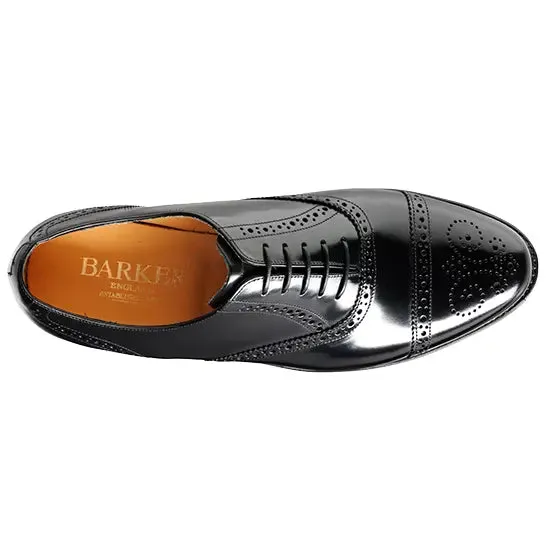 BARKER Alfred Shoes - Mens Semi Brogue Oxford - Black Hi-Shine