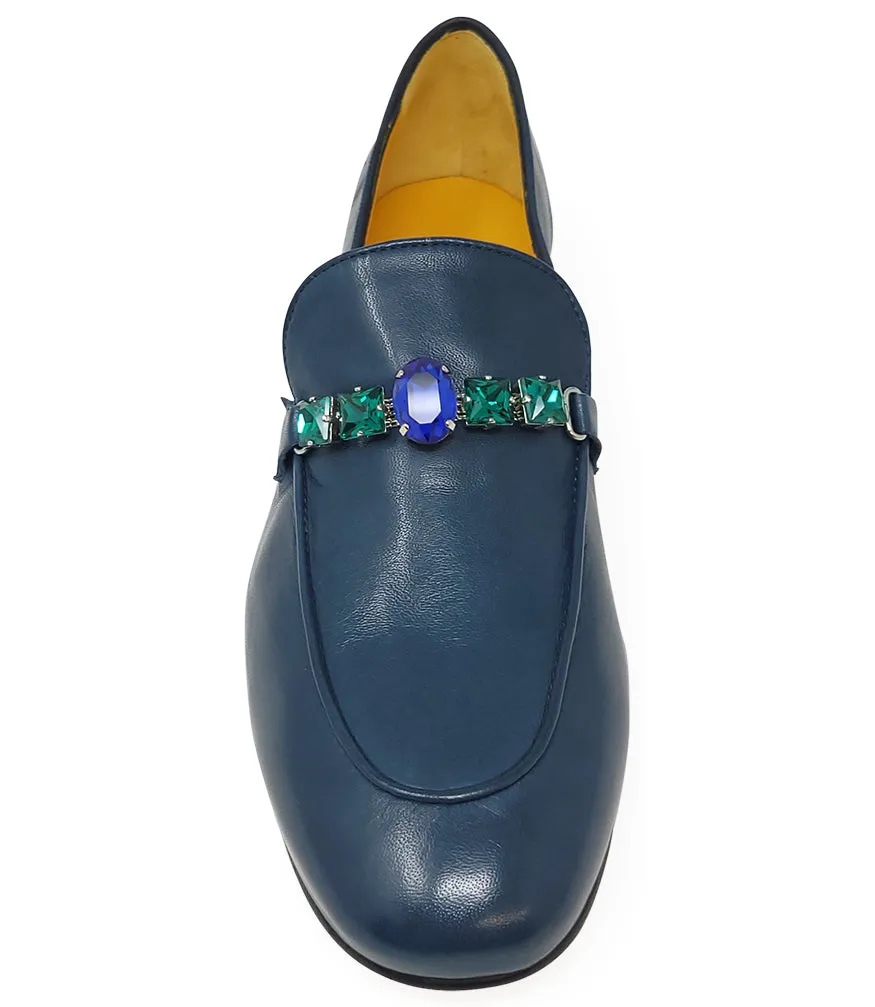 Blue Leather Flat Jeweled Loafer