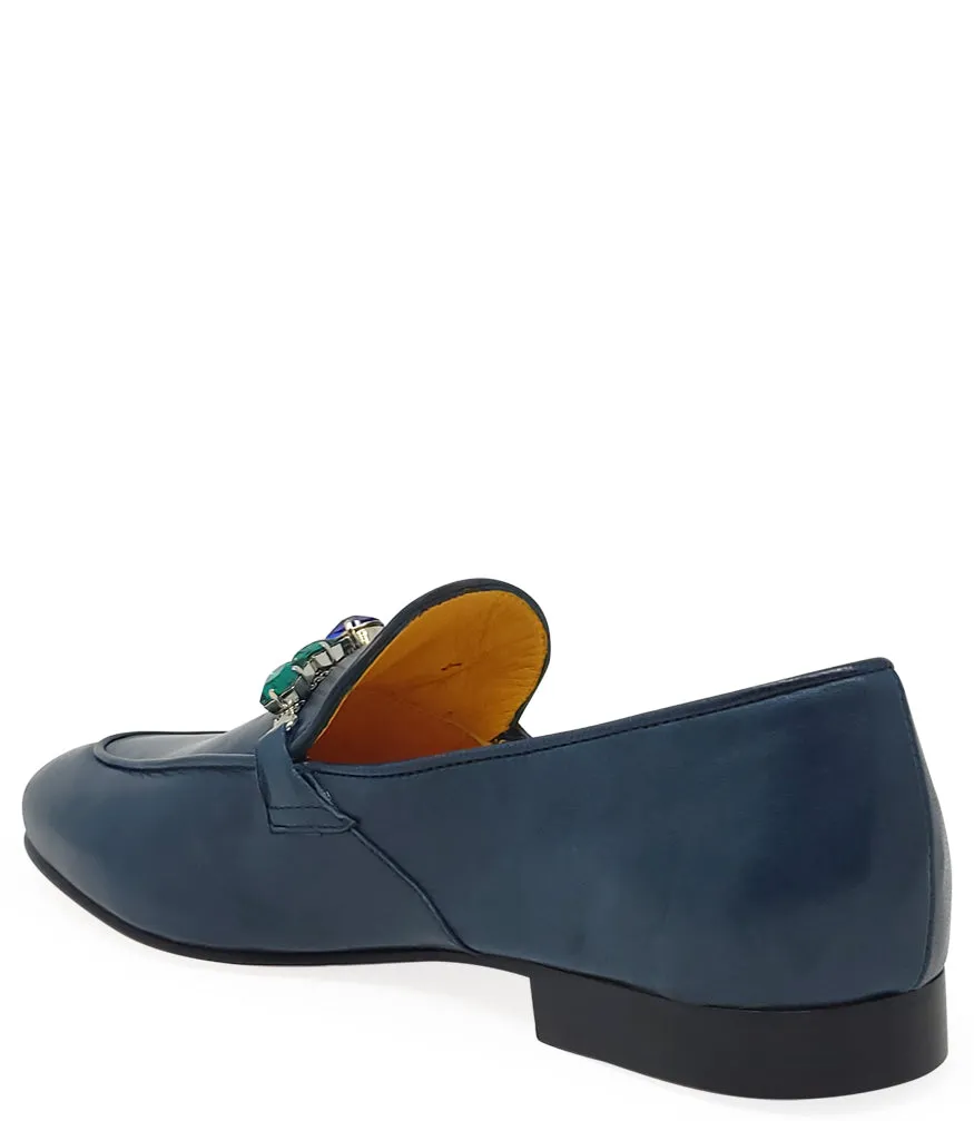 Blue Leather Flat Jeweled Loafer