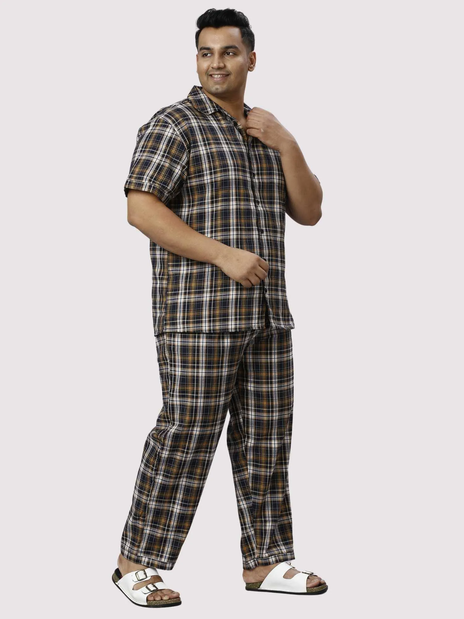 Brown Derby Checks Printed Full Co-ords Set Men's Plus Size