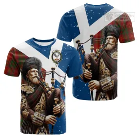 Burns Tartan Cotton T-shirt with Family Crest Scottish Bagpiper Vibes