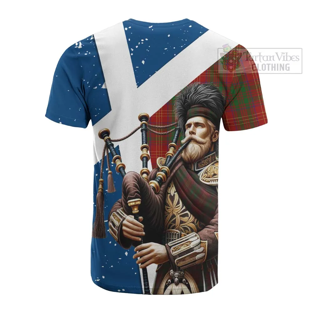 Burns Tartan Cotton T-shirt with Family Crest Scottish Bagpiper Vibes