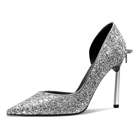 Castamere Gretta Glitter High Heels with Butterfly Bow, Elegant 3.3Inches Metallic Stiletto and Pointed Toe Design for Women Silver