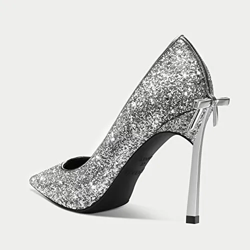 Castamere Gretta Glitter High Heels with Butterfly Bow, Elegant 3.3Inches Metallic Stiletto and Pointed Toe Design for Women Silver