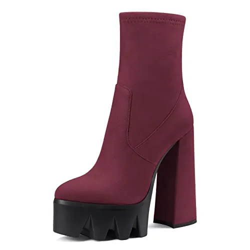 Castamere Women Platform Ankle Boots Short Bootie High Heel Close Toe Chunky Block 5.9 Inches Heels Zipper Slip-on Boots Burgundy Wine Red