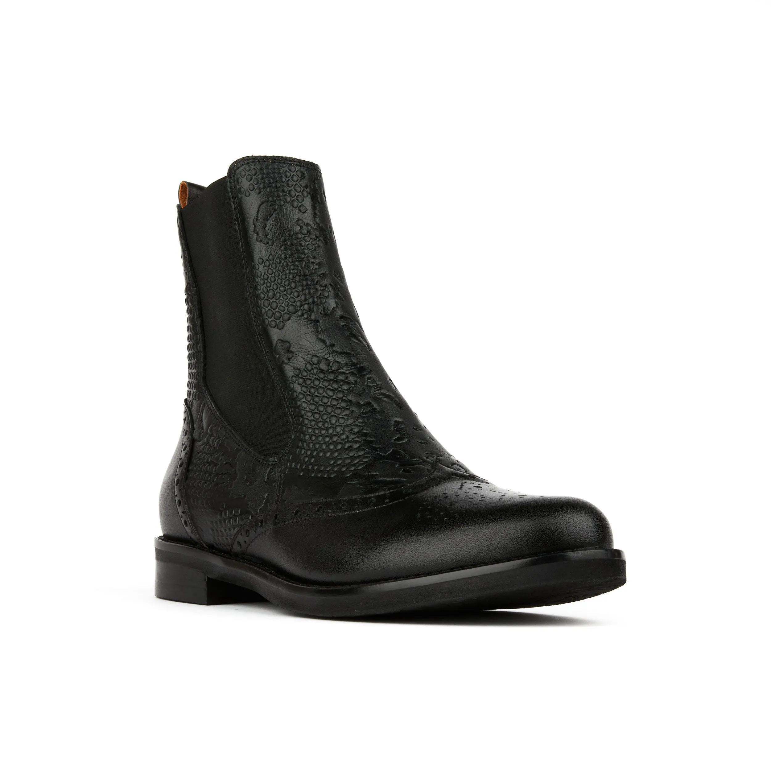 Catherine - Black Snake - Women's leather higher chelsea boot with broguing in black