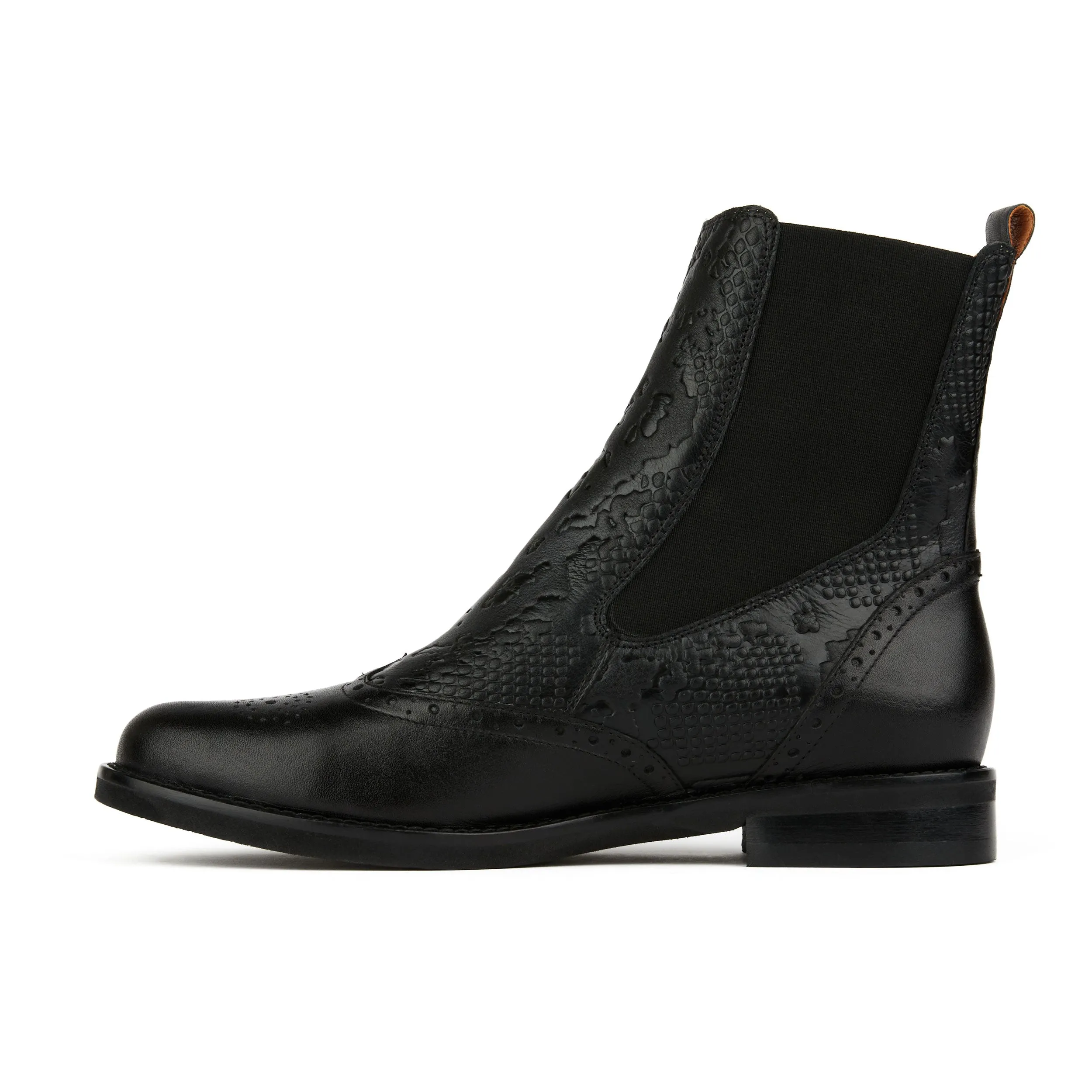 Catherine - Black Snake - Women's leather higher chelsea boot with broguing in black