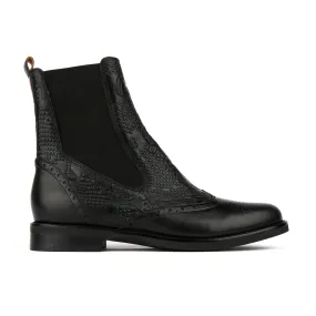 Catherine - Black Snake - Women's leather higher chelsea boot with broguing in black