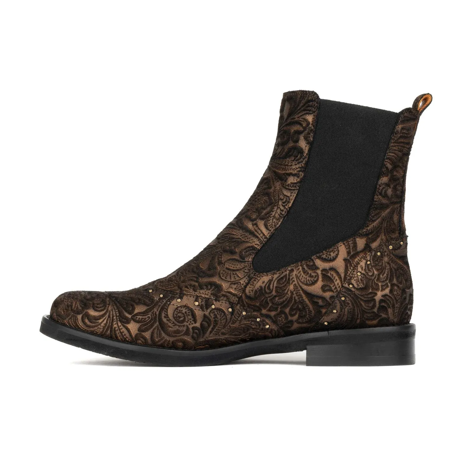 Catherine - Floral Emboss - Women's nubuck leather higher chelsea boot with broguing