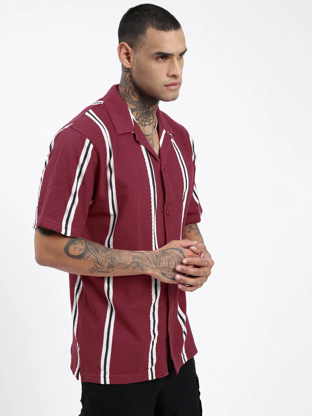 Men Striped Maroon Relaxed Fit Shirt