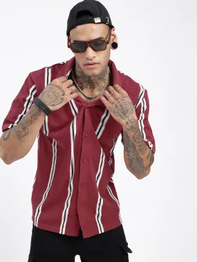 Men Striped Maroon Relaxed Fit Shirt