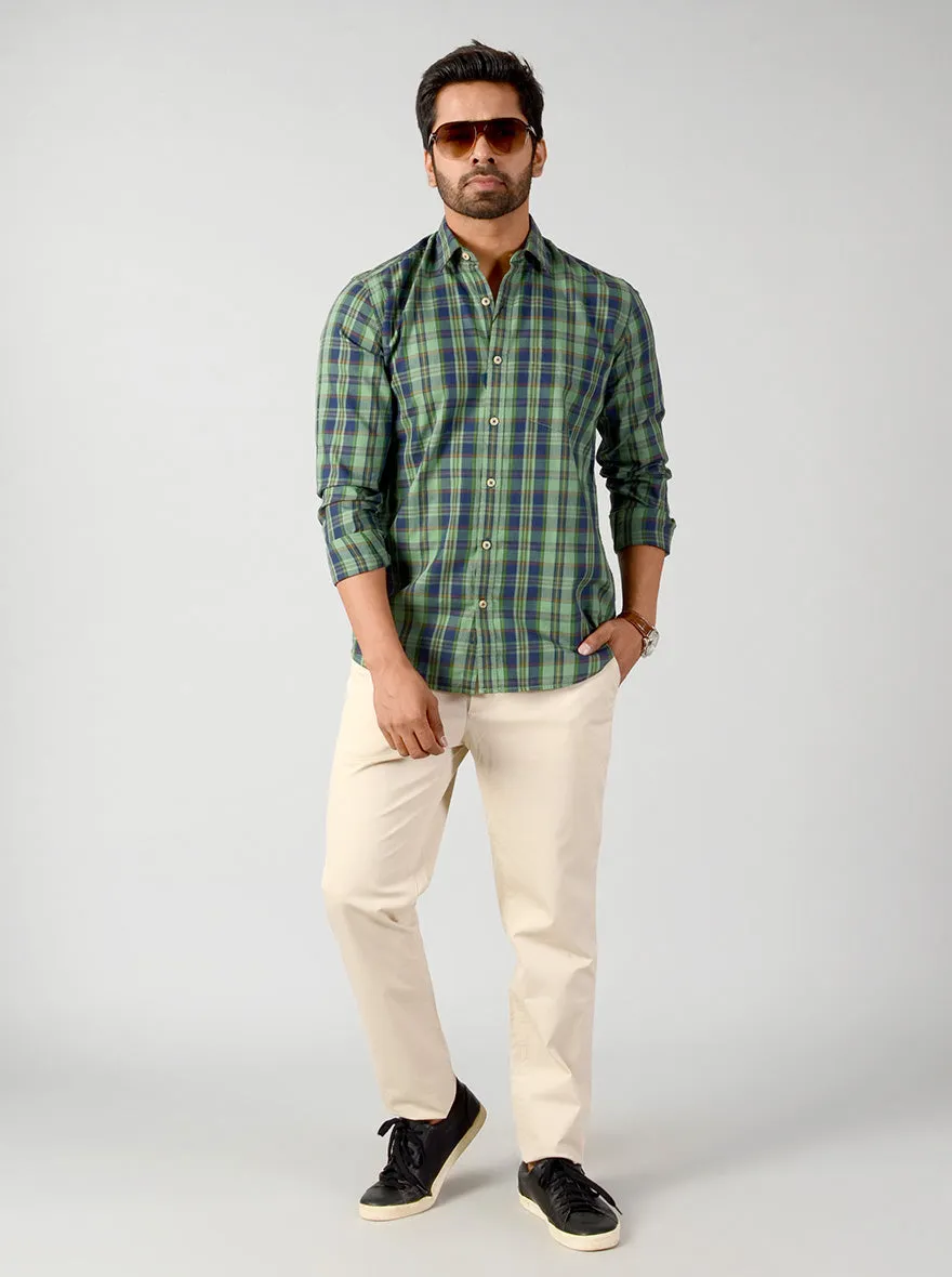 Peppermint Green & Blue Checked Slim Fit Casual Shirt | JadeBlue