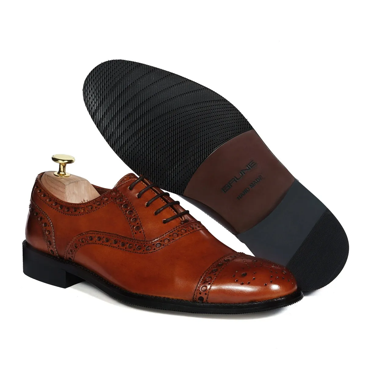 Punching Brogue Oxford Lace-Up Shoe For Men in Genuine Tan Leather