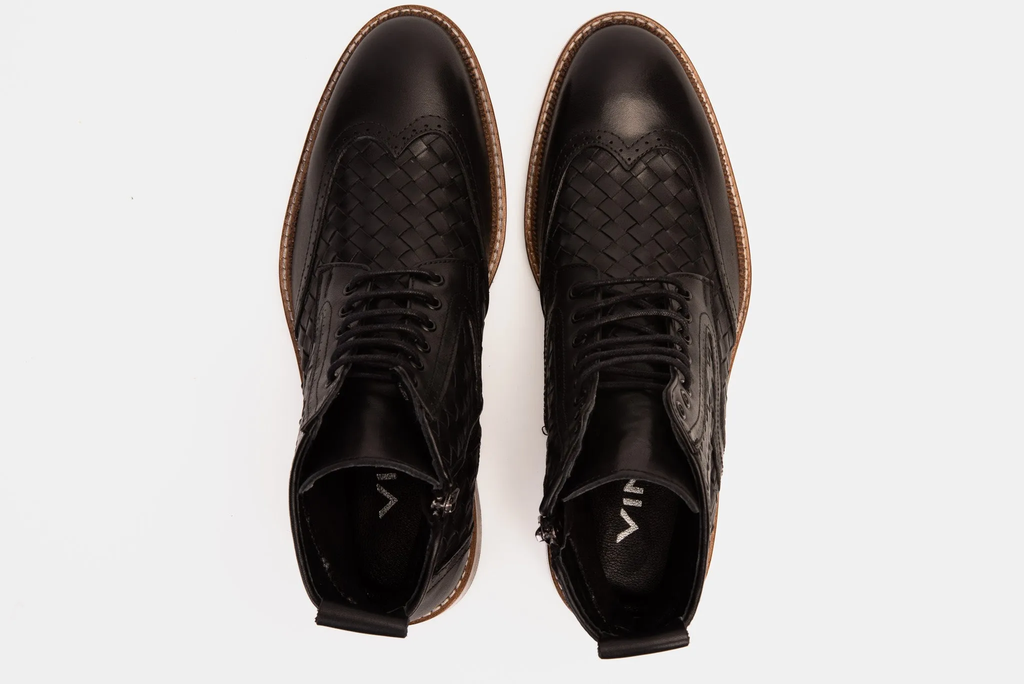 The Loddon Black Leather Wingtip Brogue Handwoven Lace-Up Men Boot with a Zipper