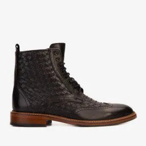 The Loddon Black Leather Wingtip Brogue Handwoven Lace-Up Men Boot with a Zipper