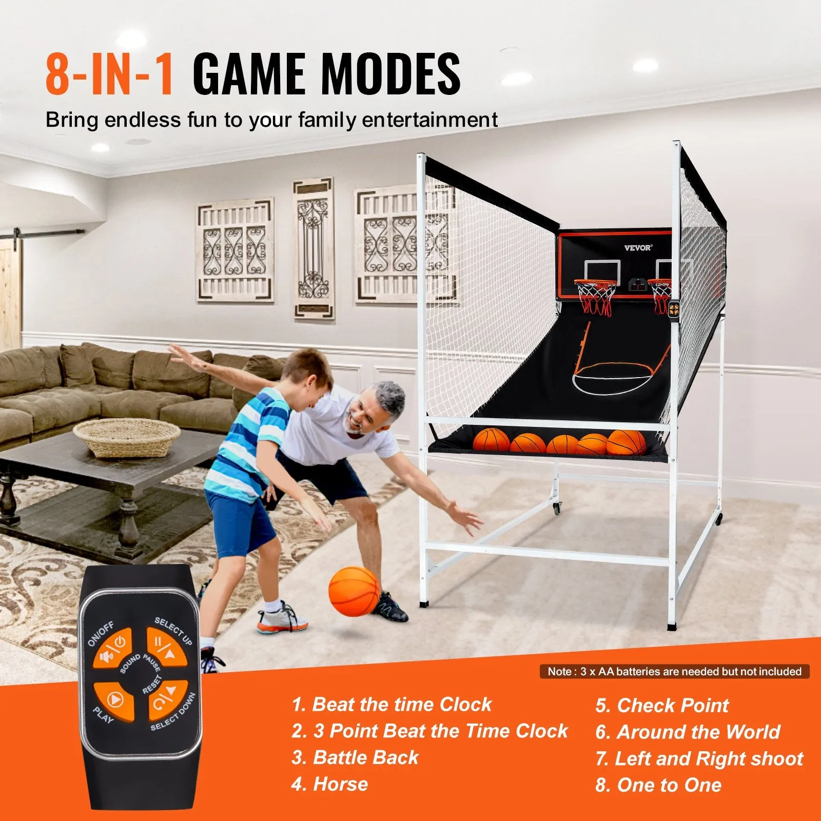 Vevor Arcade Basketball Game 7.5' Indoor 2-Player Dual Shot with 8 Game Modes and Electronic Scoreboard New